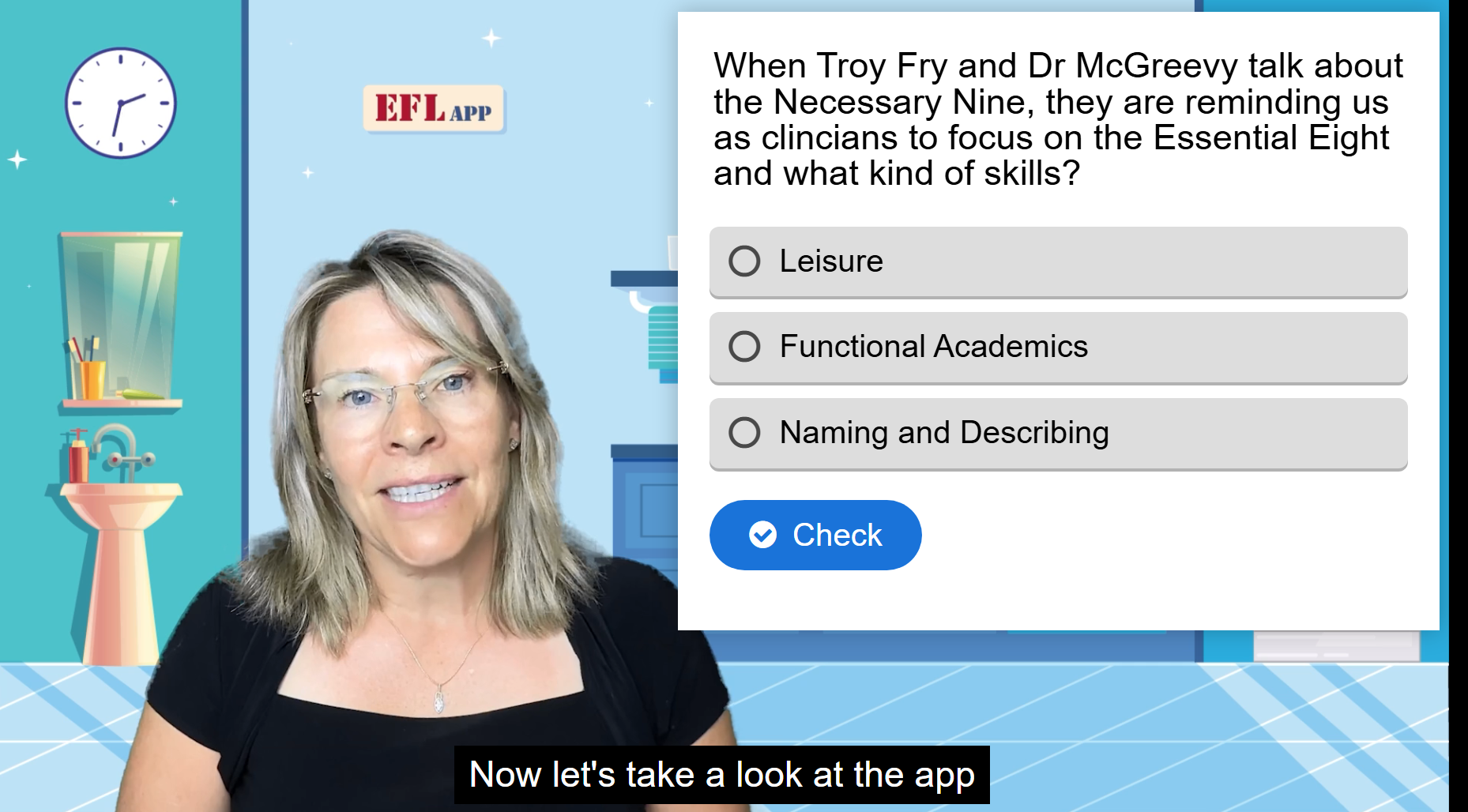 An EFL 101 lesson pausing mid-video to ask a multiple-choice question, with answer options and a Check button
