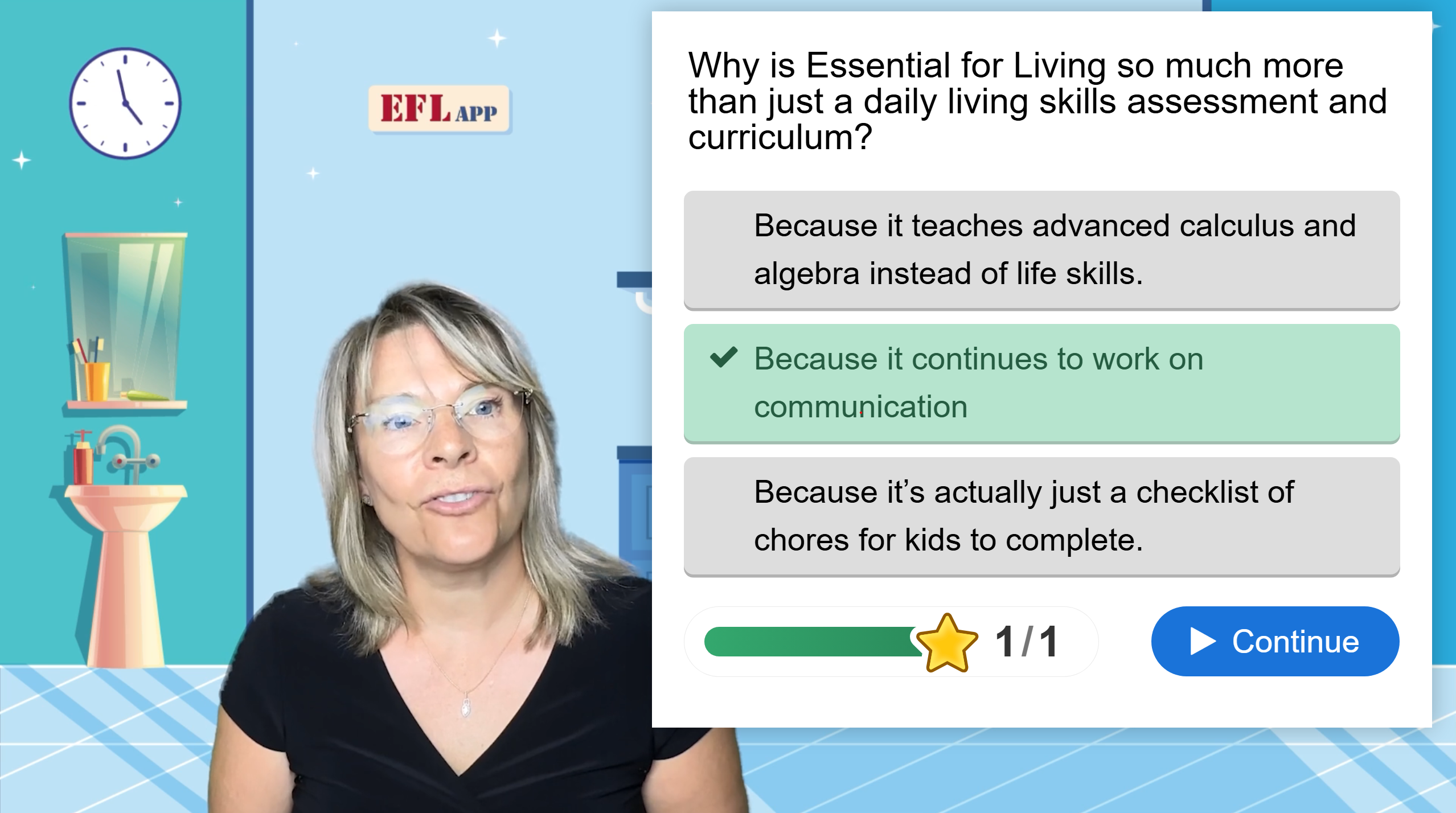 An EFL 101 lesson pausing mid-video to ask a multiple-choice question, with the correct answer highlighted